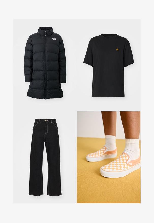 Fekete puffertöltetű kabát magas gallérral, cipzáras elülső résszel és vízszintesen varrt varratokkal, bal oldalon elhelyezett logóval. Közepes hosszúságú kialakítás.; Fekete pamut póló laza szabással. Kerek nyakkal és rövid ujjakkal rendelkezik. A mellkason egy kis arany hímzett logó található.; Fekete, széles szárú farmernadrág, kontrasztos fehér varrással és elülső gombos záródással, két ferde elülső zsebbel.; Vans CLASSIC SLIP-ON PLATFORM - Sportcipő - apricot