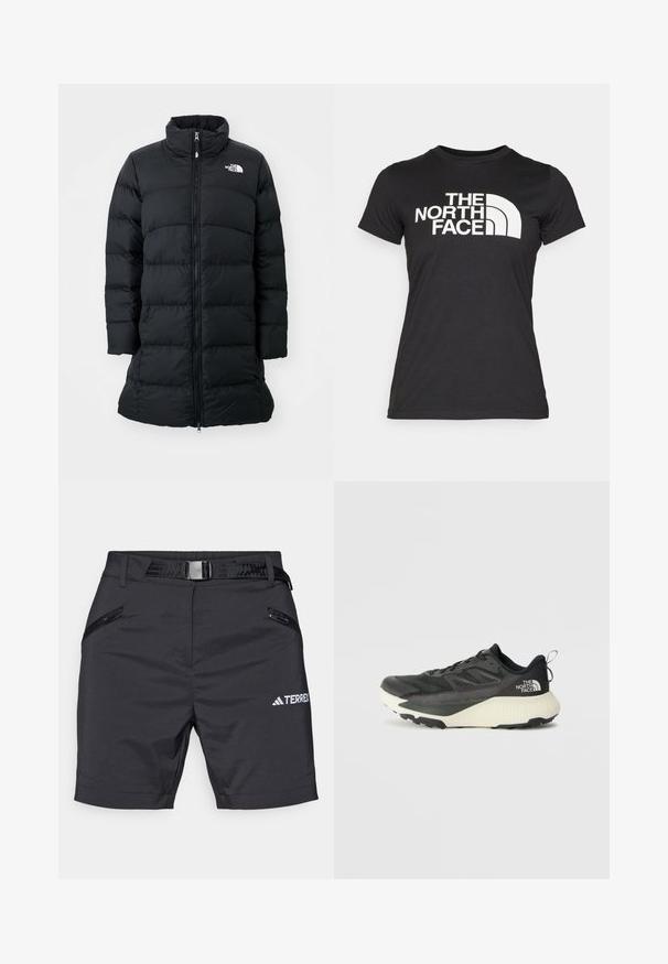 Melna pūķa jaka ar augstu apkakli, rāvējslēdzēja priekšpusi un vertikālām šuvēm, ar logotipu kreisajā krūtī. Vidēja garuma dizains.; Melns kokvilnas T-krekls ar īsām piedurknēm. Priekšpusē ir liels balts logo teksts un izliekta grafika. Gluda tekstūra.; Melnas āra šortas, kas izgatavotas no viegla auduma. Iekļauj divas ar rāvējslēdzējiem aizveramas kabatas un melnu jostu ar taisnstūra sprādzi. Arī iekļauts TERREX logo.; Melna sporta kurpe ar teksturētu augšdaļu, kurai ir pelēki akcenti un balts vidusdaļa. Ietver vilkšanas cilpu un izteiktu zīmola logo uz papēža.