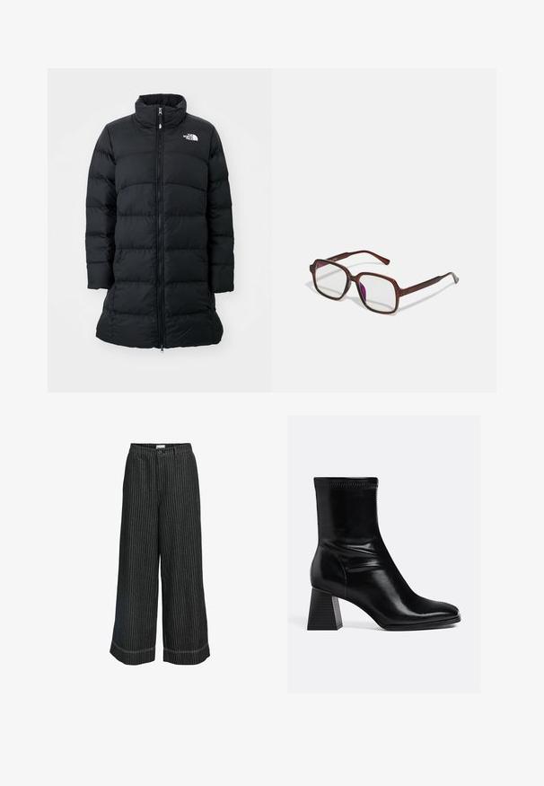 Cappotto imbottito nero con colletto alto, zip frontale e cuciture orizzontali, con un logo sul lato sinistro del petto. Design di lunghezza media.; Maglietta bianca in cotone con maniche corte e collo rotondo. Tessuto liscio, vestibilità rilassata e senza motivi o dettagli visibili.; Pantaloni a gamba larga a righe bianche e nere con chiusura a bottone, caratterizzati da una vestibilità comoda e cuciture a contrasto lungo l'orlo.; Stivali ankle in pelle nera con finitura liscia, punta quadrata e tacco a blocco texturizzato. Presenta un design elastico alla caviglia e cuciture visibili.; Occhiali rettangolari marroni con lenti trasparenti e tonalità viola. Montatura in plastica liscia con stanghette dritte e accenti sottili.; Borsa a spalla in pelle crema con forma a mezzaluna, strap sottile e dettagli di cucitura delicati. Design minimalista con accenti in metallo dorato.