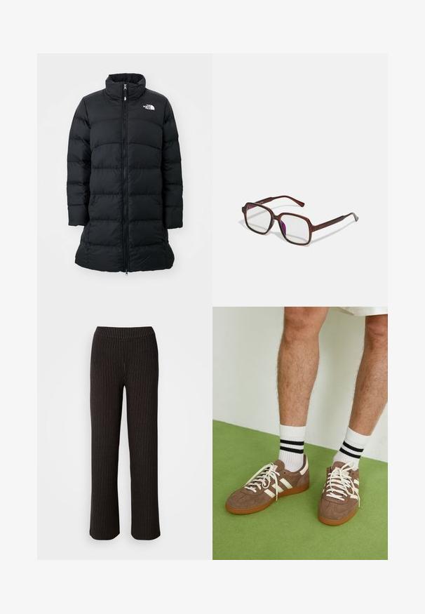 Fekete puffertöltetű kabát magas gallérral, cipzáras elülső résszel és vízszintesen varrt varratokkal, bal oldalon elhelyezett logóval. Közepes hosszúságú kialakítás.; Fehér pamut ujjatlan felső széles vállpántokkal, kerek nyakkal és sima, bordázott textúrával. Nincsenek minták vagy díszítések.; Fekete, széles szárú nadrág függőleges fehér csíkokkal, rugalmas derékkal és texturált anyaggal a sima kidolgozás érdekében.; Barna velúr sportcipő fehér díszítéssel és fűzővel. Gumi talp. Fehér zoknival viselve, fekete csíkokkal. Zöld, textúrázott padló.; Barna, téglalap alakú szemüveg áttetsző lencsékkel és lila árnyalattal. Simító műanyag keret, egyenes szárakkal és diszkrét díszítésekkel.