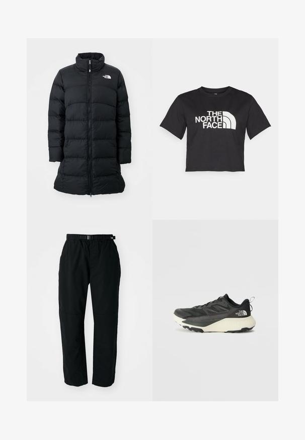Zwarte pufferjas met een hoge kraag, ritssluiting aan de voorkant en gestikte horizontale naden, met een logo op de linkerkant van de borst. Middellange ontwerp.; Zwarte cropped t-shirt gemaakt van katoen, met een wit logo met gebogen accenten en de tekst "THE NORTH FACE" op de voorkant. Korte mouwen, ronde hals.; Zwarte lichtgewicht broek met een elastische tailleband en verstelbare riem. Kenmerkt zich door taps toelopende benen en versterkte knieën voor duurzaamheid.; Zwarte sportieve schoen met een gestructureerde bovenkant, voorzien van grijze accenten en een witte tussenzool. Inclusief een trekhaak en een opvallend merklogo op de hiel.