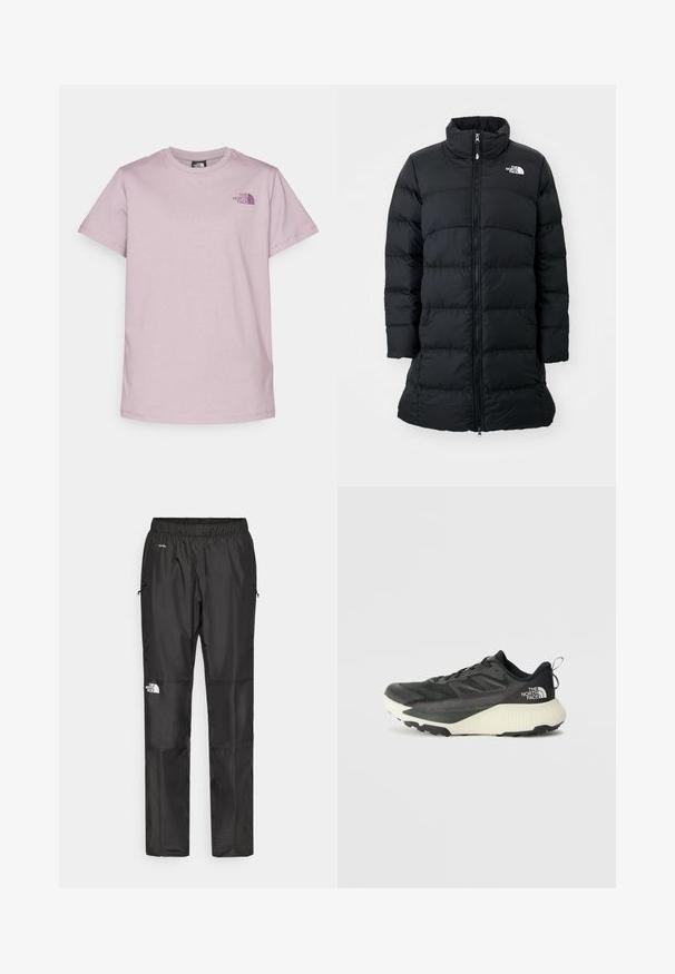 Melna pūķa jaka ar augstu apkakli, rāvējslēdzēja priekšpusi un vertikālām šuvēm, ar logotipu kreisajā krūtī. Vidēja garuma dizains.; The North Face BOX RELAXED TEE - Apdrukāts T-krekls - purple chalk/midnight mauve; Melnas ūdensnecaurlaidīgas bikses, kas izgatavotas no viegla materiāla, ar elastīgu jostu, sānu kabatām un logotipu uz kreisās kājas.; Melna sporta kurpe ar teksturētu augšdaļu, kurai ir pelēki akcenti un balts vidusdaļa. Ietver vilkšanas cilpu un izteiktu zīmola logo uz papēža.