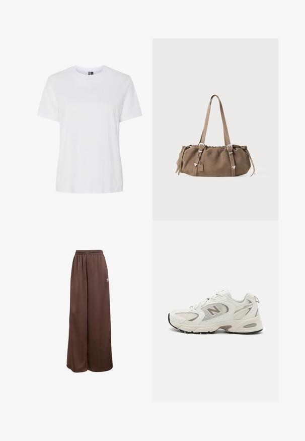 Black puffer coat with a high collar, zippered front, and stitched horizontal seams, featuring a logo on the left chest. Mid-length design.; White cotton T-shirt with short sleeves and a crew neckline. Smooth texture, relaxed fit, and no visible patterns or accents.; adidas Originals Tracksuit bottoms - auburn cream white; White mesh running shoe with gray accents, rounded toe, lace-up design, cushioned sole, and a prominent "N" logo on the side.; Brown suede handbag with a gathered top, silver hardware accents, and two shoulder straps. Features a rectangular shape and minimal design.