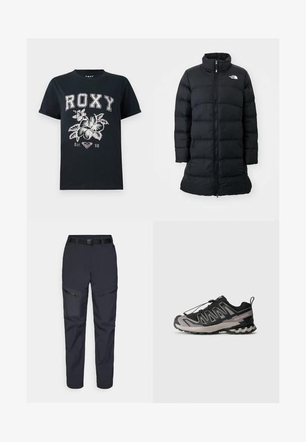 Cu un guler înalt, o jachetă puffer neagră cu fermoar frontal și cusături orizontale, având un logo pe pieptul stâng. Design de lungime medie.; Tricou din bumbac negru cu textul "ROXY" scris cu alb, având un design floral și un simbol de inimă. Mâneci scurte și o croială lejeră.; Pantaloni de exterior navy din material sintetic, cu buzunare cu fermoar, curea și un design cu picior conic. Textură netedă, cu accente minime.; Pantofila sportivă neagră și gri, cu partea superioară din plasă, talpă din cauciuc și sistem de șireturi elastice. Are un vârf întărit și accente texturate.