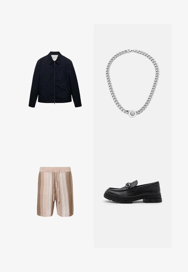 Navy blue jacket with a zippered front, collar, side pockets, and a tailored fit. Made from smooth fabric with a slightly textured appearance.; Two fitted tank tops in black and white. Made of ribbed cotton, they feature wide straps and rounded necklines. Branding on the collar.; Beige knitted swim shorts featuring horizontal stripes in lighter shades, elastic waistband with drawstring, and textured fabric.; Black leather loafer with a rounded toe, a decorative strap and hardware, and a chunky textured sole. Smooth finish with subtle detailing.; Silver chain necklace featuring thick links and a central circular pendant with intricate detailing. Smooth, reflective metal surface.