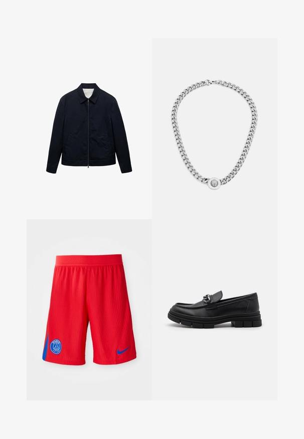 Navyblauwe jas met een ritssluiting aan de voorkant, kraag, zijzakken en een getailleerde pasvorm. Gemaakt van een soepele stof met een licht gestructureerde uitstraling.; Twee getailleerde tanktops in zwart en wit. Gemaakt van geribbelde katoen, ze hebben brede schouderbanden en afgeronde halslijnen. Merken op de kraag.; Rode sportshorts met een geribbelde textuur, voorzien van een blauwe zijpaneel en een cirkelvormig logo op het linkervoorbeen. Elastische tailleband voor comfort.; Zwarte leren instapper met een ronde neus, een decoratieve band en hardware, en een chunky, gestructureerde zool. Glad afwerking met subtiele details.; Zilveren ketting met dikke schakel en een centraal ronde hanger met ingewikkelde details. Gladde, reflecterende metalen oppervlakte.