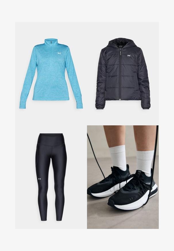 Mørkeblå pufferjakke med hætte, der har en lynlåslukning og ribbede manchetter. Inkluderer diskret syning og et logo på venstre bryst.; Lysblå quarter-zip trøje med lange ærmer, lavet af blødt stof, med et struktureret mønster og et hvidt logo på brystet.; Sorte leggings lavet af glat, strækbart materiale med høj talje. Har et hvidt logo på venstre lår og en tætsiddende design.; Sorte sportssko med tekstureret stof, hvid sål og sorte snørebånd. Båret med hvide ribbede sokker, stående på en lys overflade.