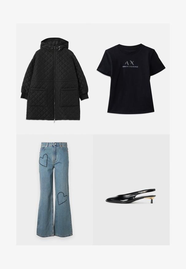 Svart quiltet hettejakke med glidelås foran, to store klaffelommer, mansjetterte ermer og justerbare snorer i hetten.; Svart kortermet t-skjorte med rund hals. Har "AX" logo og "ARMANI EXCHANGE" tekst i kontrastfarger i hvitt og metalliske aksenter. Myk stoff.; Lyseblå denim bukser med utsvingte ben som har to mørkeblå hjerteapplikasjoner på framsiden. Klassisk fem-lomme design med knappelukking.; Sorte slingback pumps med spiss tå, glanset skinnfinish og en liten hæl med gullakcent. Elegant design med åpen bak.