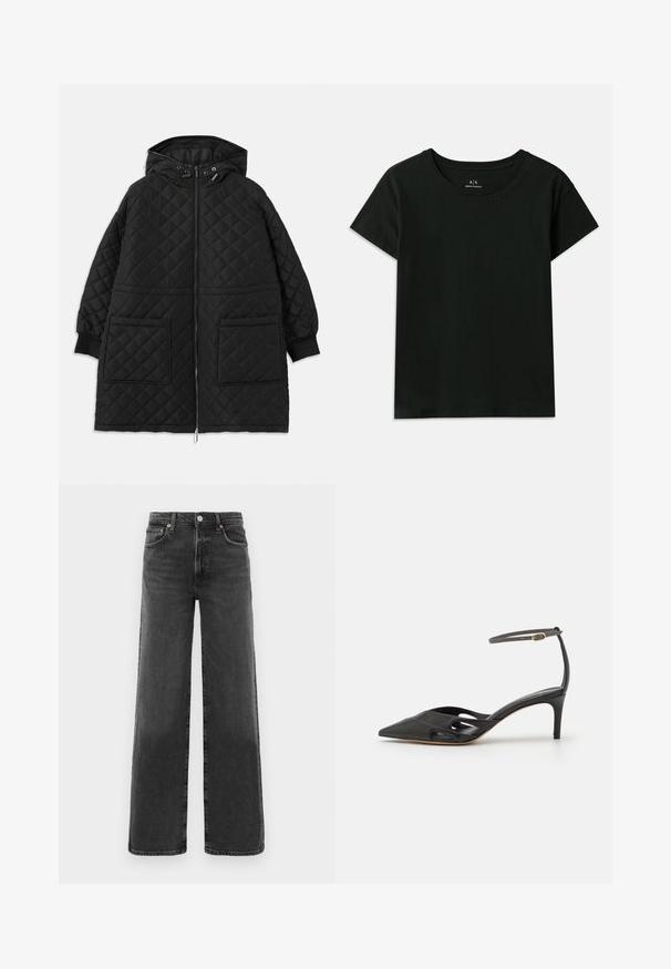 Manteau noir matelassé à capuche avec fermeture éclair sur le devant, deux grandes poches plaquées, manches à revers et cordons de serrage ajustables sur la capuche.; T-shirt noir à manches courtes en coton. Il possède un col rond et le texte en relief "Armani Exchange" sur l'épaule. Design simple.; Jean en denim noir taille haute, coupe droite, avec bouton et fermeture éclair à l'avant, deux poches avant et deux poches arrière.; Chaussure noire en cuir à talon haut avec un nez pointu, des côtés ouverts et une fine bride de cheville ornée d'un petit détail en métal doré.