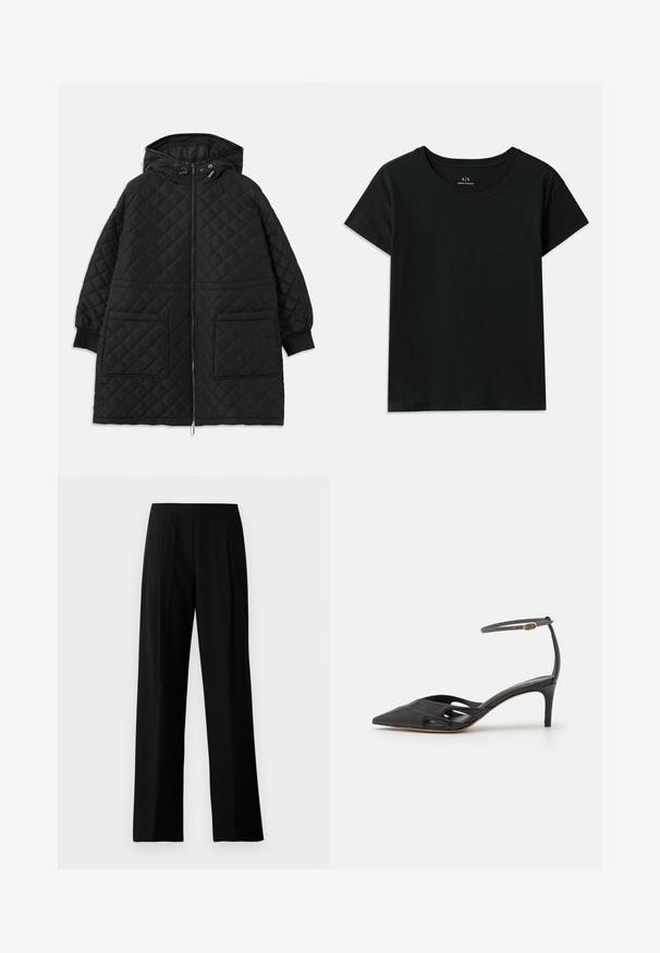 Juodas quilted gobtuvinis paltas su priekiniais užtrauktukais, dviem didelėm kišenėm, rankovėmis su gumyte ir reguliuojamomis raišteliais gobtuve.; Juodas trumpomis rankovėmis T-marškiniai, pagaminti iš medvilnės. Su apvaliu kaklu ir iškilniu „Armani Exchange“ tekstu palei petį. Paprastas dizainas.; Juodos plačios kelnės pagamintos iš lygios medžiagos, su plokščiu juosmeniu ir priekinėmis klostėmis, suteikiančiomis šiuolaikišką išvaizdą. Nėra matomų detalių ar raštų.; Juodos odinės aukštakulnės bateliai su smailiu nose, atviromis šoninėmis dalimis ir plona kulkšnies dirželiu, kuriame yra mažas auksinis detalė.