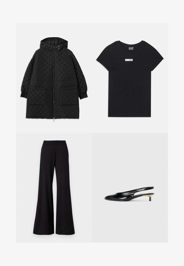 Fekete, steppelt kapucnis kabát, elülső cipzárral, két nagy foltpockettal, felhajtott ujjakra, és állítható húzózsinórral a kapucnin.; Fekete, rövid ujjú póló, pamutból készült, fehér, téglalap alakú logóval, amelyen az "EA7" felirat található a mellkas területén.; Fekete, bő szárú nadrág sima anyagból, magas, rugalmas derékkal. A nadrág teljes hosszúságú, és egyszerű, minta nélküli dizájnnal rendelkezik.; Fekete slingback pump, hegyes orral, fényes bőr felülettel és kis sarokkal, arany kiegészítéssel. Elegáns kialakítás nyitott háttal.