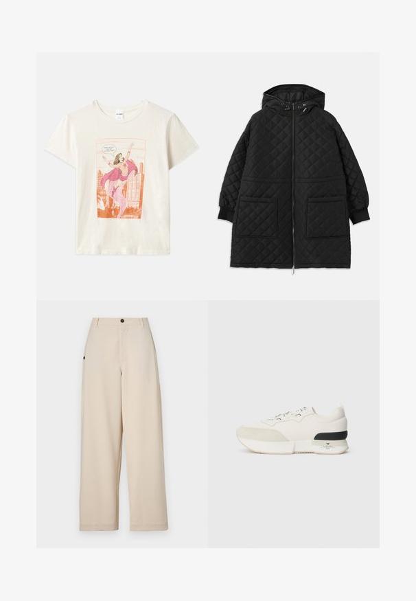 Casaco acolchoado preto com capucho, fecho à frente, dois grandes bolsos de chapa, mangas com punho e cordões ajustáveis no capucho.; T-shirt de algodão cor creme com uma ilustração em estilo de banda desenhada de uma mulher vestindo um traje rosa com capa, rodeada por um pano de fundo da silhueta de uma cidade.; Calças largas bejes feitas de um tecido suave, com fecho frontal por botão, bolsos laterais e um corte descontraído.; Sneaker branco com biqueira em camurça texturizada, parte superior em malha lisa, atacadores decorativos e um detalhe na parte de trás em borracha preta.