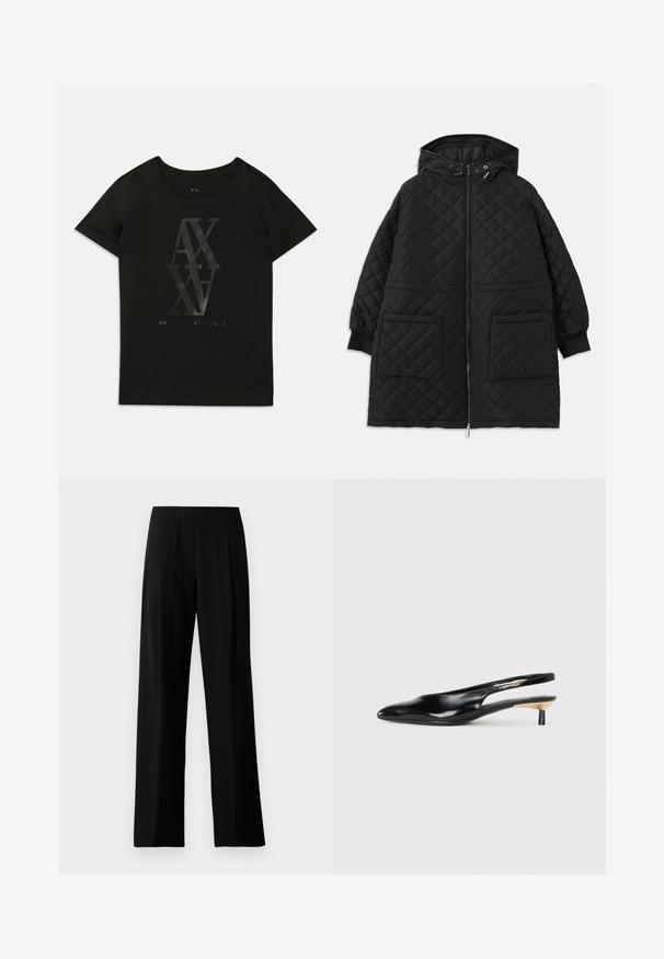 Črn prešiten plašč s kapuco z sprednjim zadrgo, dvema velikima žepoma na patu, manšetami na rokavih in nastavljivimi vrvicami na kapuci.; Črna bombažna majica s kratkimi rokavi. V središču se nahaja velik sijajen tisk z napisom "AX" in "Armani Exchange" v kontrastnih barvah.; Črne široke hlače iz gladkega materiala, ki imajo ploski pas in sprednje pregibe za elegantni videz. Brez vidne strojne opreme ali vzorcev.; Črne slingback pumpe z ozkim nosom, sijočim usnjem in majhno peto z zlatim akcentom. Elegantna zasnova z odprtim zadnjim delom.