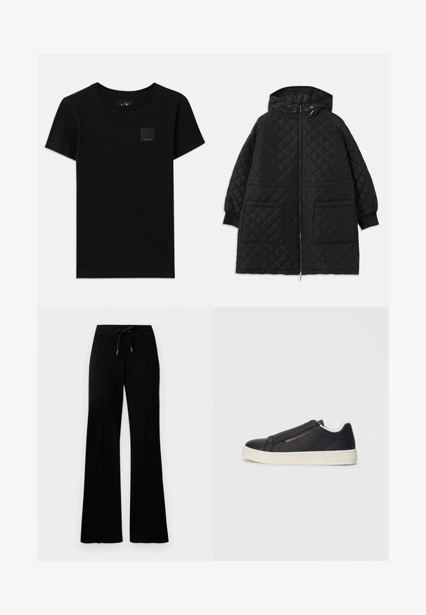 Čierny prešívaný kabát s kapucňou, predným zipsom, dvoma veľkými vreckami, manžetami na rukávoch a nastaviteľnými šnúrkami na kapucni.; Čierne bavlnené tričko s okrúhlym výstrihom a krátkymi rukávmi. Na prednej strane sa nachádza malý obdĺžnikový logotyp.; Čierne široké tepláky s elastickým pásom a šnúrkou, bočnými rozparkami, mäkkou látkou a štýlovým dizajnom.; Čierne kožené slip-on tenisky s bielou podrážkou, zlatým logom "Armani Exchange" na boku a minimalistickým šitím.