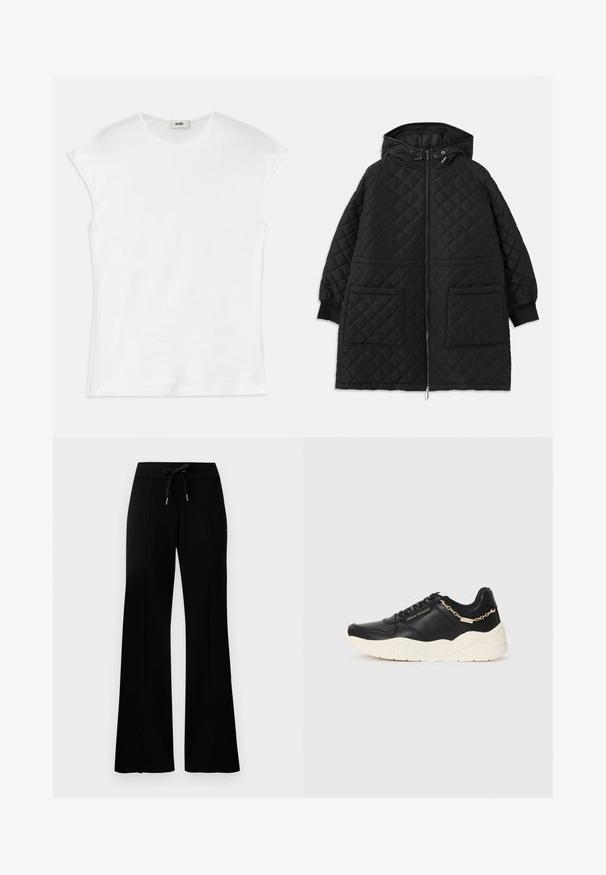 Črn prešiten plašč s kapuco z sprednjim zadrgo, dvema velikima žepoma na patu, manšetami na rokavih in nastavljivimi vrvicami na kapuci.; Bela kratka majica s kratkimi rokavi iz bombaža. Ima okroglo ovratnico in gladko, mehko teksturo ter sproščeno prileganje. Brez vzorcev ali dodatkov.; Črne široke trenirke z elastičnim pasom na vrvico, stranskimi razporki, mehkega materiala in elegantnim dizajnom.; Črne usnjene teniske z debelim kremnim podplatom, zlatim verižnim detajlom in črnimi vezalkami. Gladka tekstura s sledečim logotipom na strani.