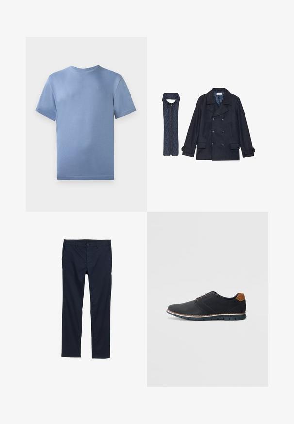 Granatowy płaszcz dwurzędowy z dużymi guzikami i dwiema przednimi kieszeniami, w połączeniu z dopasowaną kamizelką z zamkiem błyskawicznym o pikowanej fakturze.; Jasnoniebieska bawełniana koszulka z okrągłym dekoltem, krótkimi rękawami i subtelnymi detalami szycia. Na piersi znajduje się małe logo.; Jasnoniebieskie, lekkie spodnie z gładką fakturą, prostym krojem nogawek, zapięciem na guziki i bocznymi kieszeniami.; Czarne syntetyczne buty z fakturowaną cholewką, gładkimi akcentami, brązowym obcasem i kontrastującą podeszwą. Charakteryzują się minimalnym sznurowaniem i detalami w szwach.