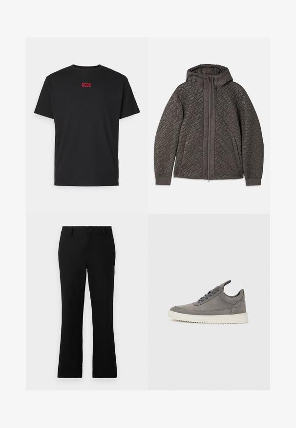 Quiltet, mørk grå jakke med hette, med et geometrisk mønster, hel glidelås og elastiske mansjetter. Mykt teksturert stoff.; Svart bomullst-skjorte med korte ermer, med en liten rød "GCDS" logo sentrert på brystet. Klassisk rund hals. Myk tekstur.; Svarte vide bukser laget av en bomullsblanding, med knappelukking, beltehemper og en glatt tekstur uten synlige mønstre.; Grå semsket joggesko med teksturert overflate, som har en hvit gummisåle, runde snorer og et lavt design.