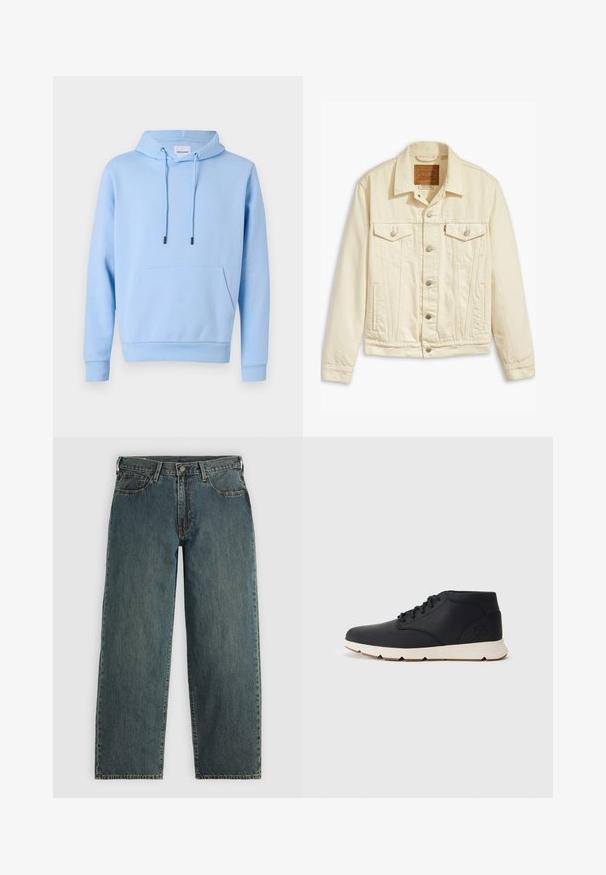 Levi's® THE TRUCKER - Cowboyjakker - everlasting light; Lyseblå hættetrøje i blødt materiale, med en frontkangaroo lomme, justerbare snore og ribbede manchetter og kant.; Mørkeblå straight-leg denim jeans med knap- og lynlås-lukning, forlommer og bæltestropper på en lys grå baggrund.; Sorte læder chukka støvler med en hvid gummisål, der har runde snørebånd og et side-logo prentet på hælen. Glat tekstur hele vejen igennem.