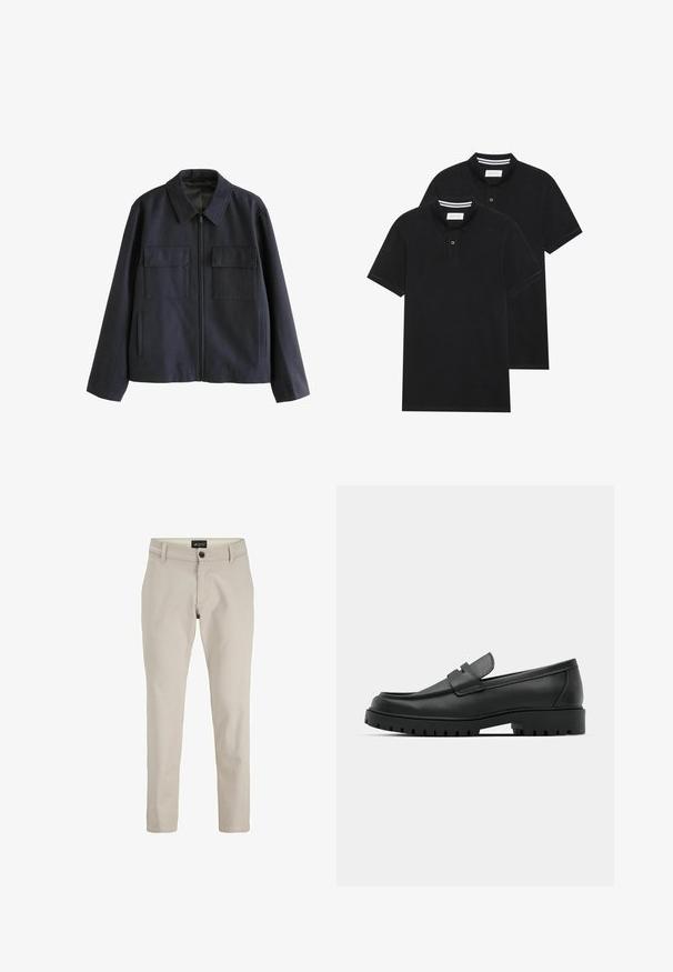 Giacca blu navy con chiusura a zip, dotata di due tasche sul petto e tasche laterali con fessura. Realizzata in tessuto testurizzato con un design con colletto.; Due magliette polo nere, con maniche corte, in cotone, con colletto classico, pattina a due bottoni e dettagli a righe bianche all'interno del colletto.; Chino beige in cotone con design a gamba dritta, caratterizzati da chiusura con bottone frontale e passanti per cintura. Texture liscia, stile minimalista.; Mocassini in pelle nera con punta rotonda, caratterizzati da un design cucito, suola piatta bassa e un battistrada in gomma testurizzata e scolpita.