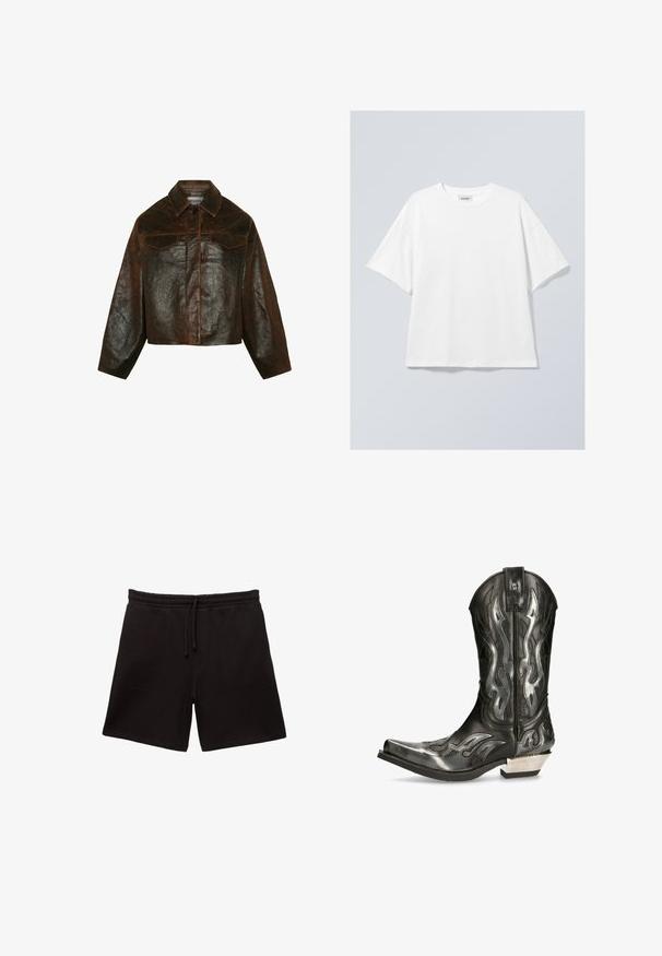 Minimum Veste en cuir - seal brown; T-shirt en coton blanc avec un col rond et des manches courtes. Coupe décontractée sans motifs ni accents visibles. Texture lisse.; Shorts en coton noir avec une ceinture à cordon, dotés de deux poches avant et d'une texture douce et lisse.; Botte de cowboy en cuir noir avec des motifs de flammes argentés, bout pointu et petit talon argenté. Comprend des détails de couture et une languette.