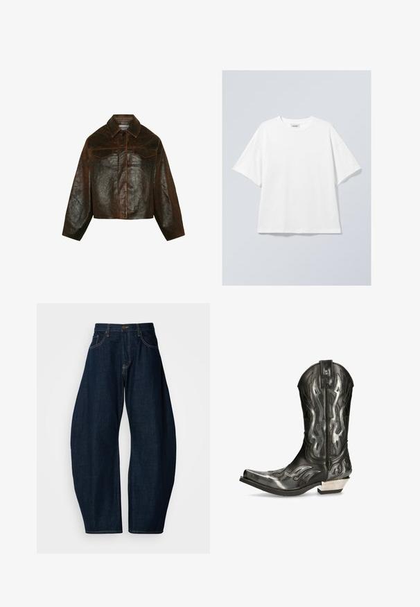 Minimum Læderjakker - seal brown; Hvid bomulds T-shirt med rund halsudskæring og korte ærmer. Løs pasform uden synlige mønstre eller accenter. Glat tekstur.; Mørkeblå denim jeans med vid ben-design, der har fremtrædende syninger, fem lommer og en messingknap-lukning ved taljen.; Sort læder cowboystøvle med sølvflamme mønstre, spidse tæer og en lav sølv hæl. Har syninger og en trækstrop.