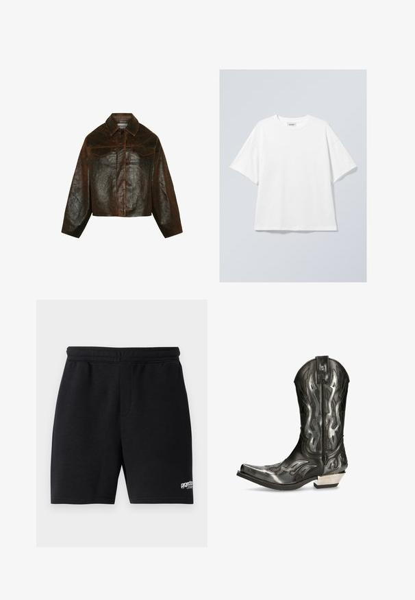Minimum Giacca di pelle - seal brown; T-shirt bianco in cotone con scollo rotondo e maniche corte. Vestibilità comoda senza motivi o dettagli visibili. Texture morbida.; Pantaloni corti neri in cotone con vita elasticizzata, due tasche laterali e un piccolo logo bianco sul lato destro in basso. Texture liscia.; Stivale cowboy in pelle nera con motivi a fiamma argentati, punta affilata e tacco basso argentato. Presenta dettagli di cucitura e un pull tab.