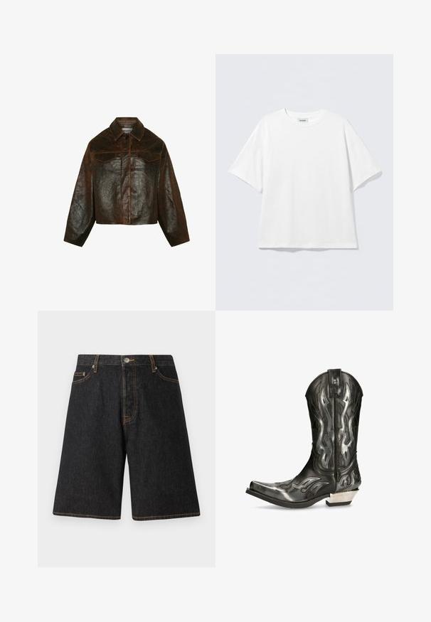 Minimum Giacca di pelle - seal brown; T-shirt bianca a maniche corte in cotone con scollo rotondo e vestibilità rilassata. Nessun motivo o dettaglio visibile. Design semplice.; Shorts in denim nero con taglio dritto, caratterizzati da cuciture arancioni, cinque tasche e chiusura con bottone in metallo in vita.; Stivale cowboy in pelle nera con motivi a fiamma argentati, punta affilata e tacco basso argentato. Presenta dettagli di cucitura e un pull tab.