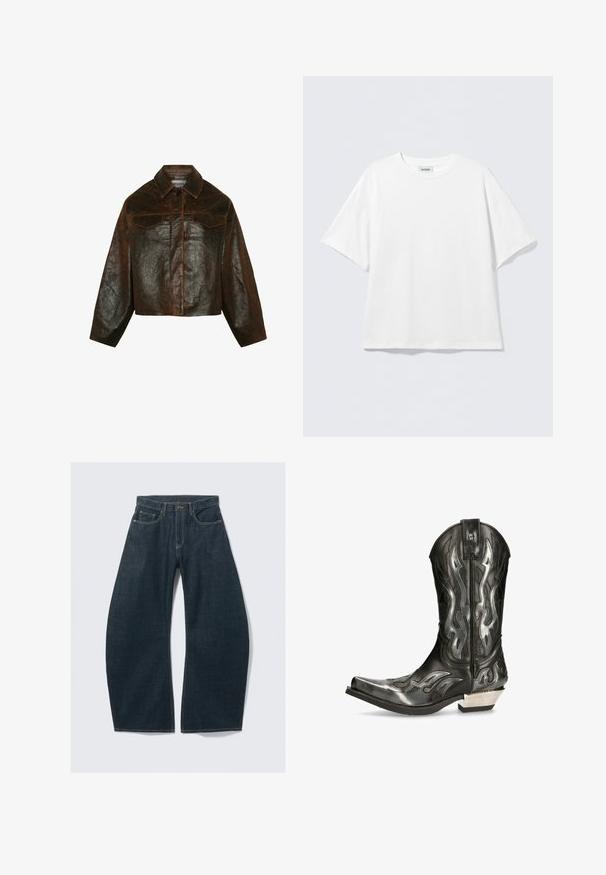 Minimum Skinnjacka - seal brown; Vit t-shirt med korta ärmar i bomull med rund halsringning och avslappnad passform. Inga synliga mönster eller detaljer. Enkel design.; Mörkblå jeans med vida ben i denim, med fem fickor, synliga sömmar, knappstängning och en ren finish.; Svart läder cowboystövel med silverfärgad flamdesign, spetsig tå och en låg silverklack. Har detaljerad sömnad och en dragflik.