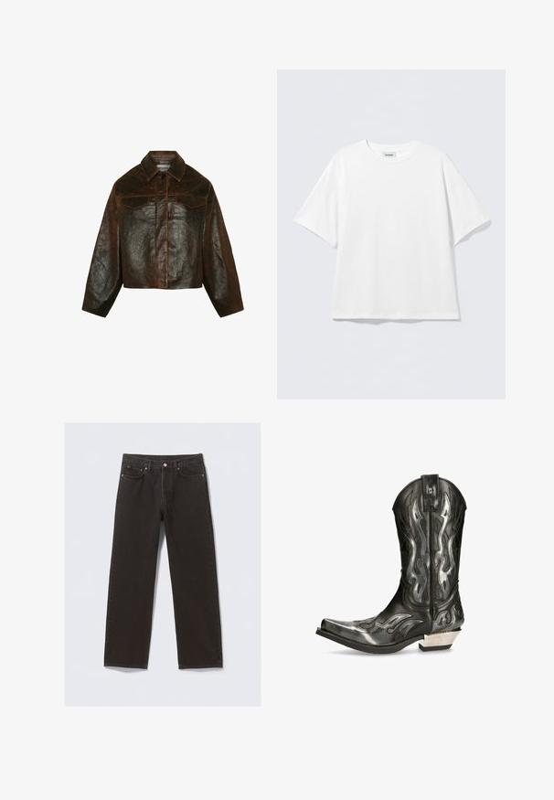 Minimum Leren jas - seal brown; Wit T-shirt met korte mouwen van katoen, met een ronde hals en een losse pasvorm. Geen zichtbare patronen of accenten. Simpel ontwerp.; Zwarte spijkerbroek van denim met een recht model, vijf zakken en koperkleurige stiksels. Glad textuur, klassieke knoopsluiting bij de taille.; Zwarte leren cowboylaars met zilveren vlampatronen, spitse neus en een lage zilveren hak. Beschikt over stikdetails en een treklabel.