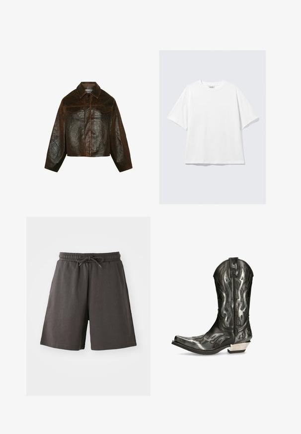 Minimum Leather jacket - seal brown; White short-sleeve T-shirt with loose fit, crew neckline, soft fabric, and minimal stitching detail. No visible logos or patterns.; Dark gray shorts made from soft fabric, featuring an elastic waistband, adjustable drawstring, and knee-length fit. Smooth texture, no patterns.; Black leather cowboy boot with silver flame patterns, pointed toe, and a low silver heel. Features stitching details and a pull tab.