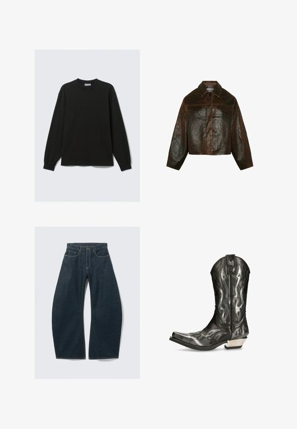 Minimum Lederjacke - seal brown; Schwarzes Langarm-T-Shirt aus Baumwolle mit rundem Halsausschnitt und gerippten Bündchen, mit geradem Saum und dezenten Nahtdetails.; Dunkelblaue Jeans mit weitem Bein aus Denim, mit fünf Taschen, sichtbaren Nähten, Knopfverschluss und sauberem Finish.; Schwarze Leder-Cowboystiefel mit silbernen Flammenmustern, spitzer Spitze und einem niedrigen silbernen Absatz. Verfügt über Stickdetails und eine Ziehhilfe.