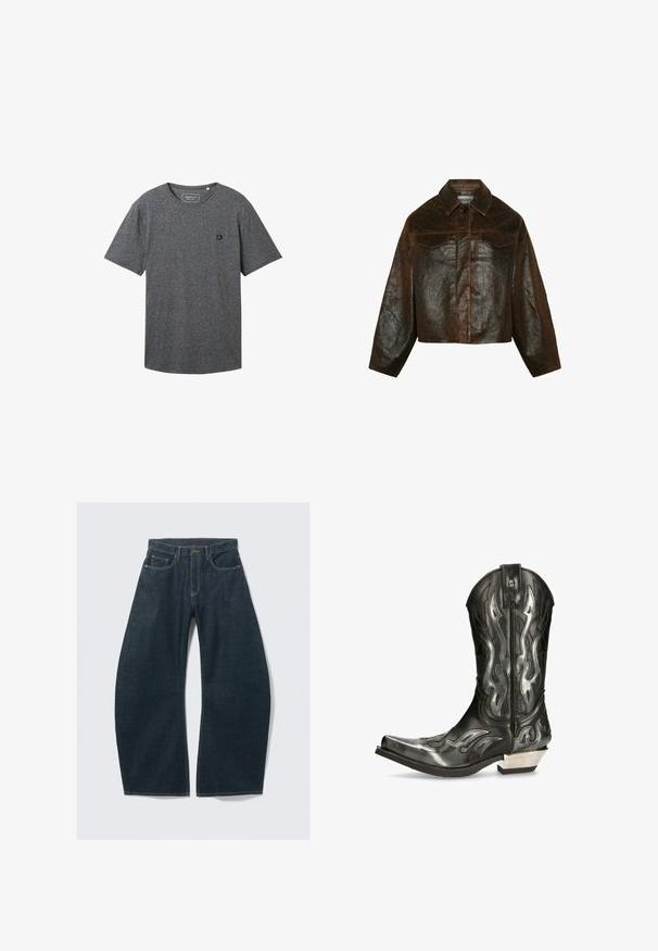 Minimum Leather jacket - seal brown; TOM TAILOR DENIM OPEN EDGE MELANGE - Basic T-shirt - black; Dark blue wide-leg jeans made from denim, featuring five pockets, visible stitching, a button closure, and a clean finish.; Black leather cowboy boot with silver flame patterns, pointed toe, and a low silver heel. Features stitching details and a pull tab.