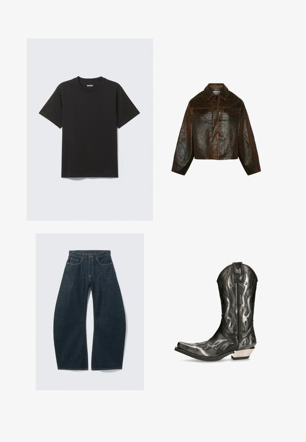 Minimum Leather jacket - seal brown; Black short-sleeve T-shirt made of soft cotton, featuring a round neckline and simple design without patterns or accents.; Dark blue wide-leg jeans made from denim, featuring five pockets, visible stitching, a button closure, and a clean finish.; Black leather cowboy boot with silver flame patterns, pointed toe, and a low silver heel. Features stitching details and a pull tab.
