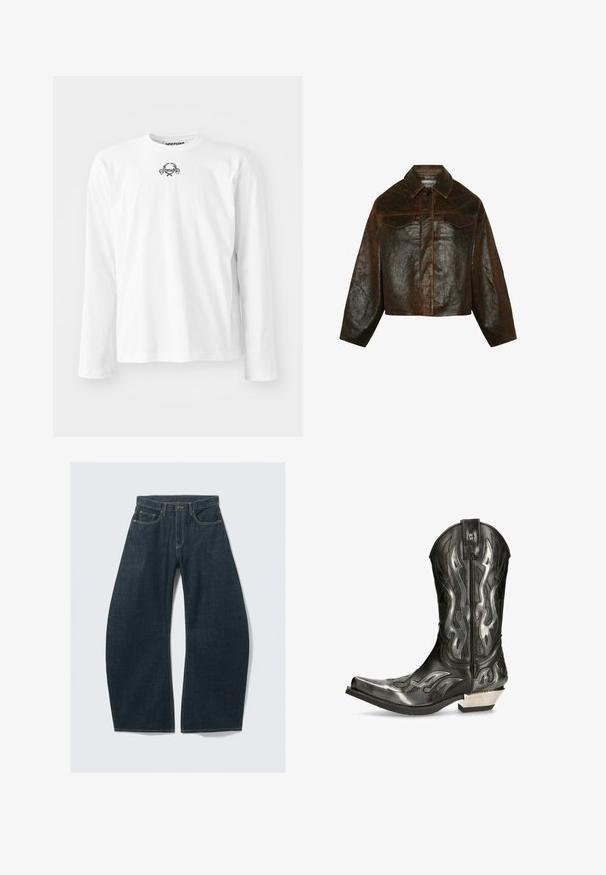 Minimum Leren jas - seal brown; Witte lange mouwen shirt van katoen, met een ronde halslijn en een klein zwart grafisch ontwerp in het midden, met manchetten.; Donkerblauwe wijd uitlopende jeans van denim, met vijf zakken, zichtbare stiksels, een knoopsluiting en een nette afwerking.; Zwarte leren cowboylaars met zilveren vlampatronen, spitse neus en een lage zilveren hak. Beschikt over stikdetails en een treklabel.