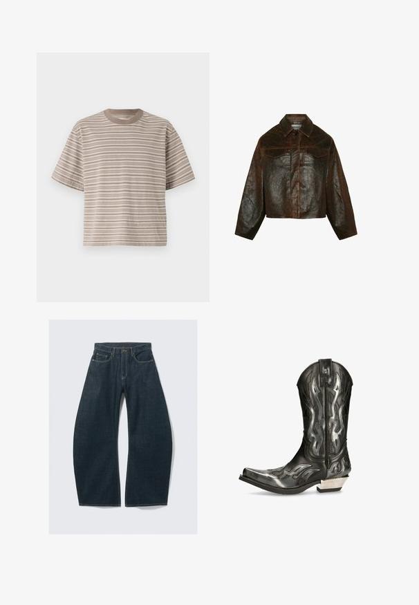 Minimum Giacca di pelle - seal brown; T-shirt a maniche corte a righe in tonalità beige, scollo rotondo, tessuto morbido, vestibilità rilassata, con righe orizzontali alternate chiare e scure.; Jeans a gamba larga di colore blu scuro realizzati in denim, con cinque tasche, cuciture visibili, chiusura con bottoni e rifinitura pulita.; Stivale cowboy in pelle nera con motivi a fiamma argentati, punta affilata e tacco basso argentato. Presenta dettagli di cucitura e un pull tab.