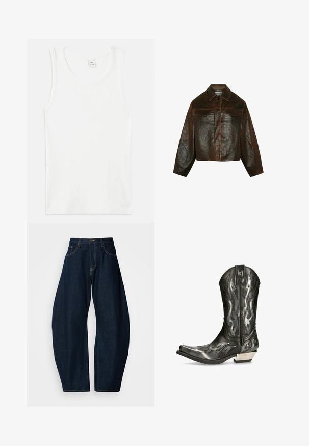 Minimum Skinnjacka - seal brown; Vit bomulls linne med rund hals och ärmlös design. Slät textur och rak skärning, utan mönster eller dekorationer.; Mörkblå denimjeans med bred bendesign, med framträdande sömmar, fem fickor och en mässingsknapp som stängning i midjan.; Svart läder cowboystövel med silverfärgad flamdesign, spetsig tå och en låg silverklack. Har detaljerad sömnad och en dragflik.