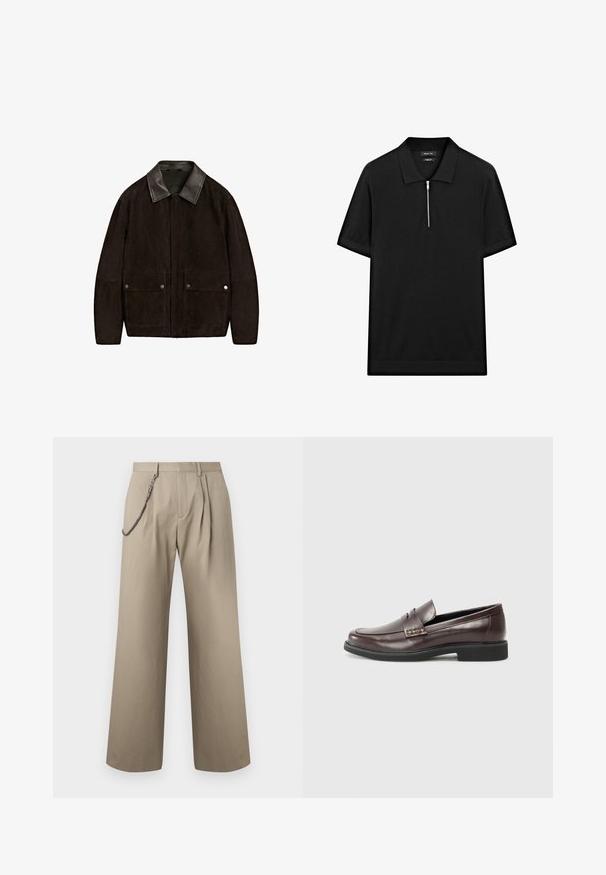 Veste en daim marron foncé avec col en cuir noir, fermeture éclair à l'avant et deux poches à rabat à boutons-pression à l'avant.; Polo-shirt noir à manches courtes avec col montant et fermeture éclair à l'avant. Fabriqué en tissu lisse avec un design épuré et minimaliste.; Pantalon beige à jambes larges avec plis à l'avant et une chaîne métallique attachée au passant de ceinture gauche pour le style.; Mocassins en cuir marron avec une finition lisse, présentant un léger détail de couture sur le dessus et une semelle en caoutchouc noire.