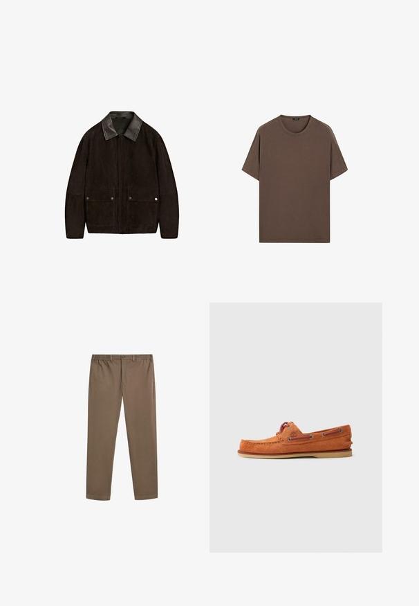 Dunkelbraune Wildlederjacke mit schwarzem Lederkragen, Frontreißverschluss und zwei vorderen Klappentaschen mit Druckknopf.; Braunes Baumwoll-T-Shirt mit Rundhalsausschnitt und kurzen Ärmeln. Einfaches Design mit gleichmäßiger Textur und lockerer Passform. Keine Muster oder Akzente.; Braune Baumwollchinos mit geradem Bein, elastischem Bund und Vordertaschen. Glatte Textur und minimale Nahtdetails.; Oranges Wildlederschuh mit runder Zehenform, kontrastierenden Schnürsenkeln, dekorativen Nähten und einer Gummisohle. Seitenansicht mit minimalen Details.