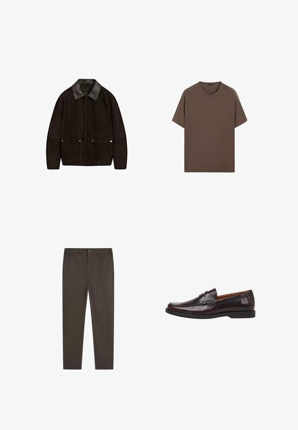 Dark brown suede jacket with black leather collar, front zipper closure, and two front snap-button flap pockets.; Brown cotton t-shirt with a round neck and short sleeves. Simple design with an even texture and a relaxed fit. No patterns or accents.; Dark brown trousers with a straight leg design, elastic waistband, front button closure, and side pockets. Smooth fabric texture.; Men's burgundy leather loafers with a smooth finish, decorative stitching, and a low black rubber heel. Classic design with slip-on style.