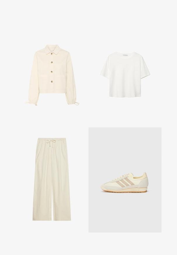 Krémová zkrácená bunda s knoflíkovou přední částí, dvěma velkými kapsami a elastickými balónovými rukávy. Vyrobena z měkké látky.; Bílý krátký rukáv tričko vyrobené z bavlny. Má kulatý výstřih a volný střih. Hladký materiál bez viditelných vzorů nebo akcentů.; Světlé krémové kalhoty širokého střihu s elastickým pasem a šňůrkou, mají boční kapsy a texturovanou látku.; Krémové sportovní tenisky s třemi béžovými pruhy, z velurové a textilní materiály, s texturovanou podrážkou a embosovaným logem na patě.
