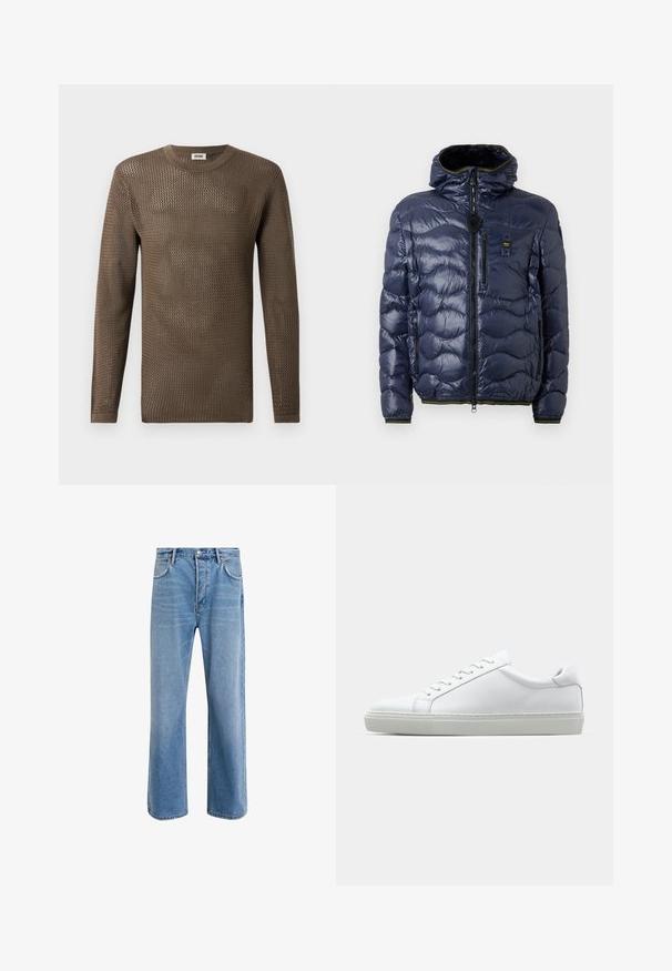 Marineblaues Puffer-Jackett mit glänzender Oberfläche, gestepptem Muster, Reißverschluss, abnehmbarer Kapuze und seitlichen Taschen. Verfügt über schwarze und gelbe Akzente.; Brauner, langärmeliger Strickpullover mit einem strukturierten, offenen Maschenmuster. Ein runder Ausschnitt und gerippte Bündchen runden das Design ab.; Helle blaue Jeans im Geradeschnitt-Design, mit fünf Taschen, Knopfverschluss, minimaler Ausbleichung und kontrastierenden Nähdetails.; Weißer Sneaker mit glattem Lederobermaterial und niedrigem Profil. Verfügt über eine runde Zehenpartie, sechs Ösen und eine strukturierte Gummisohle.