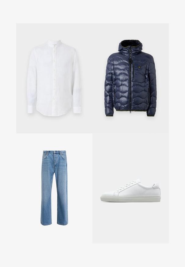 Námořnická pánská péřovka s lesklým povrchem, prošívaný vzor, zapínání na zip, odnímatelná kapuce a boční kapsy. Obsahuje černé a žluté akcenty.; Bílá lněná košile s mandarínským límcem. Má dlouhé rukávy, zapínání na knoflíky vpředu a zakřivený lem. Jemná textura.; Světle modré džínové kalhoty s rovnými nohavicemi, pěti kapsami, zapínáním na knoflík, minimálním vyblednutím a kontrastním prošitím.; Bílé tenisky s hladkým koženým svrškem a nízkým profilem. Mají zaoblenou špičku, šest nýtů a texturovanou gumovou podrážku.