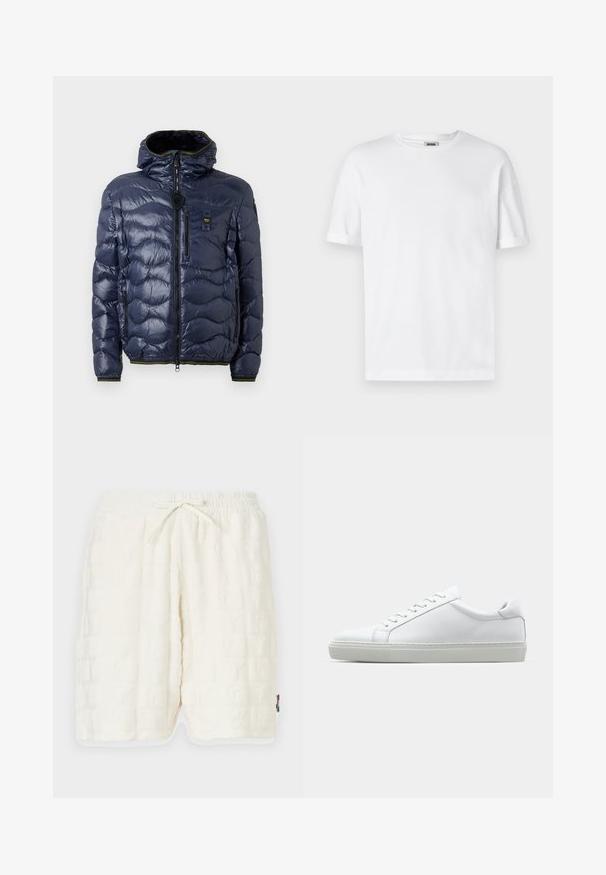 Doudoune marine avec finition brillante, motif matelassé, fermeture éclair, capuche amovible et poches latérales. Présente des accents noirs et jaunes.; T-shirt en coton blanc avec un col rond, des manches courtes et des revers roulés ; design sobre, texture douce et coupe droite.; Shorts blancs texturés avec un motif en relief. Taille élastique avec un cordon de serrage. Poches latérales et bord contrastant à l'ourlet.; Sneaker blanche avec une tige en cuir lisse et un profil bas. Présente un bout arrondi, six œillets et une semelle en caoutchouc texturé.