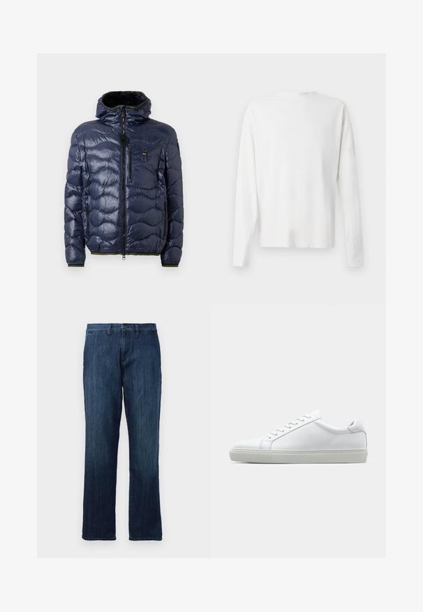 Námořnická pánská péřovka s lesklým povrchem, prošívaný vzor, zapínání na zip, odnímatelná kapuce a boční kapsy. Obsahuje černé a žluté akcenty.; Bílá bavlněná košile s dlouhým rukávem a kulatým výstřihem, s bočními rozparky na spodní části a hladkým povrchem, vystavená zezadu.; Tmavě modré džíny z denimu se střihem rovného nohavice, s předním zapínáním na knoflík a standardním pětiokrovým stylem. Hladká textura a střední hmotnost.; Bílé tenisky s hladkým koženým svrškem a nízkým profilem. Mají zaoblenou špičku, šest nýtů a texturovanou gumovou podrážku.