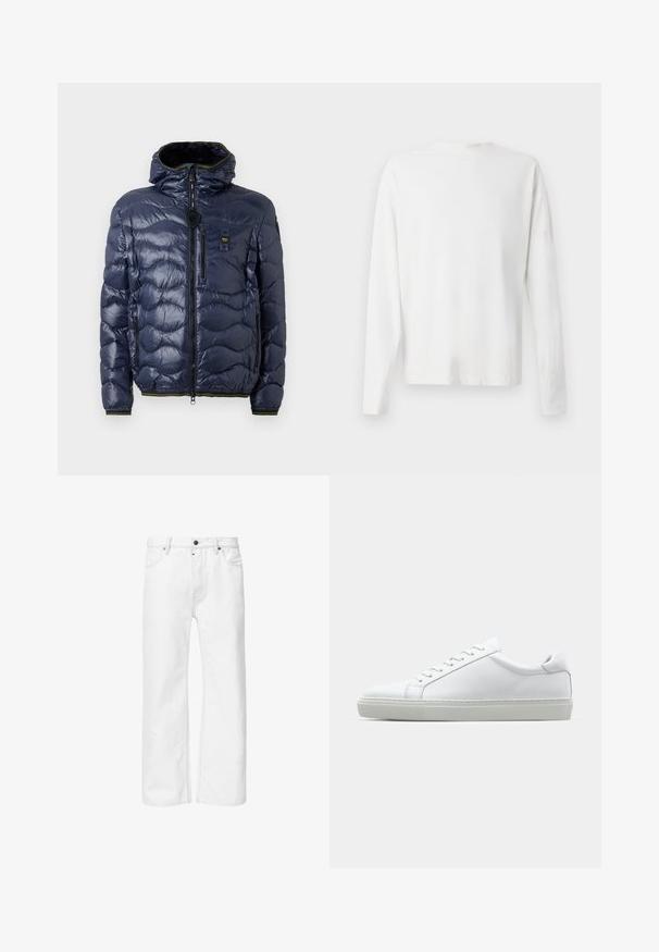 Marineblauwe pufferjack met een glanzende afwerking, gestikt patroon, ritsluiting, afneembare capuchon en zijzakken. Bevat zwarte en gele accenten.; Witte katoenen blouse met lange mouwen en een ronde halslijn, met zijsplitten aan de onderkant en een gladde textuur, vanuit de achterkant weergegeven.; Witte denim jeans met een rechte pasvorm, standaard vijf-pocket ontwerp en metalen knoopsluiting in de taille, met ton-sur-ton stiksel.; Witte sneaker met een gladlederen bovenwerk en een laag profiel. Voorzien van een ronde neus, zes vetergaatjes en een gestructureerde rubberen zool.