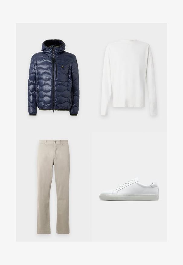 Giacca piumino navy con finitura lucida, motivo trapuntato, chiusura con zip, cappuccio removibile e tasche laterali. Presenta accenti neri e gialli.; Camicia bianca in cotone a maniche lunghe con scollatura rotonda, spacchi laterali in fondo e una texture liscia, mostrata da dietro.; Chino in cotone beige con design a gamba dritta, dotato di chiusura con bottone e tasche frontali. Texture liscia con dettagli di cucitura sottili.; Sneaker bianco con tomaia in pelle liscia e profilo basso. Presenta una punta arrotondata, sei occhielli e una suola in gomma testurizzata.