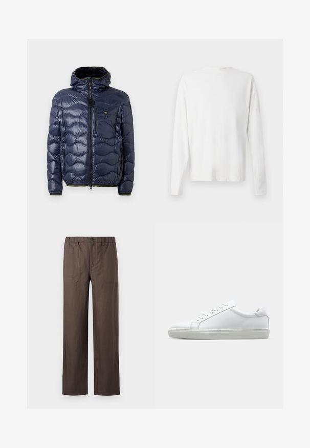 Navy puffer jacket with a glossy finish, quilted pattern, zip closure, removable hood, and side pockets. Features black and yellow accents.; Long-sleeved white cotton shirt with a round neckline, side slits at the bottom, and a smooth texture, displayed from the back.; Brown, wide-leg pants made from a lightweight fabric. Features an elastic waistband and two front pockets with rectangular stitching accents.; White sneaker with a smooth leather upper and a low profile. Features a rounded toe, six eyelets, and a textured rubber sole.