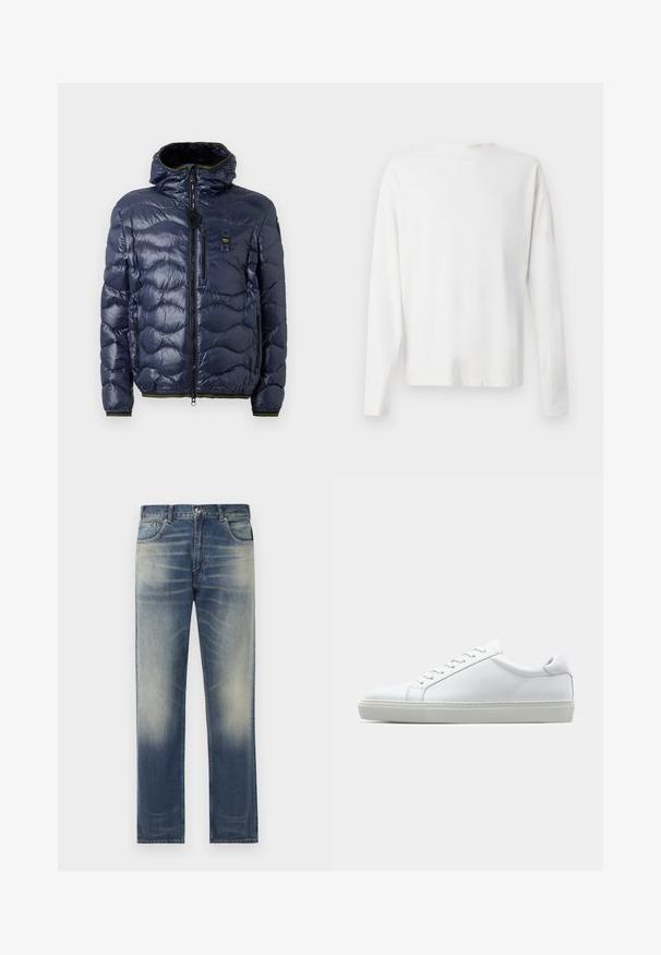 Námořnická pánská péřovka s lesklým povrchem, prošívaný vzor, zapínání na zip, odnímatelná kapuce a boční kapsy. Obsahuje černé a žluté akcenty.; Bílá bavlněná košile s dlouhým rukávem a kulatým výstřihem, s bočními rozparky na spodní části a hladkým povrchem, vystavená zezadu.; Modré džíny z denimu se střihém rovného střihu, s jemným vyblednutím a detaily v podobě škrábanců na přední straně, s pěti kapsami a poutky na opasek.; Bílé tenisky s hladkým koženým svrškem a nízkým profilem. Mají zaoblenou špičku, šest nýtů a texturovanou gumovou podrážku.