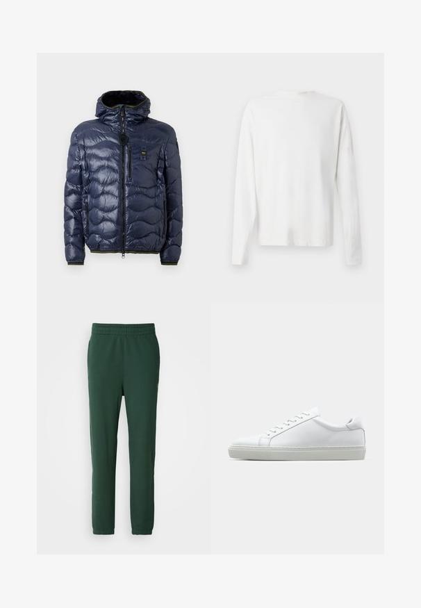 Zara pufasta jakna v mornarski modri barvi z sijočo površino, prešita vzorec, zadrga, odstranljivih kapuco in stranskimi žepi. Vključuje črne in rumene poudarke.; Bela bombažna srajca z dolgimi rokavi in okroglo ovratnikom, z bočnimi razporki na dnu in gladko teksturo, prikazana s hrbtne strani.; Zelene tregere iz mehkega bombaža. Imajo elastičen pas in zožene hlačnice, z majhnim logotipom na spodnji strani.; Bela športna obutev z gladkim usnjenim zgornjim delom in nizkim profilom. Ima zaokrožen nos, šest lukenj za vezalke in teksturiran gumijast podplat.