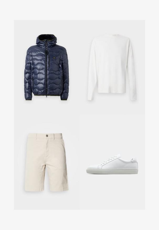 Zara pufasta jakna v mornarski modri barvi z sijočo površino, prešita vzorec, zadrga, odstranljivih kapuco in stranskimi žepi. Vključuje črne in rumene poudarke.; Bela bombažna srajca z dolgimi rokavi in okroglo ovratnikom, z bočnimi razporki na dnu in gladko teksturo, prikazana s hrbtne strani.; Bež bombažne kratke hlače s straight cut krojem, ki vključujejo sprednji gumb in zadrgo, stranske žepke ter našite robove.; Bela športna obutev z gladkim usnjenim zgornjim delom in nizkim profilom. Ima zaokrožen nos, šest lukenj za vezalke in teksturiran gumijast podplat.